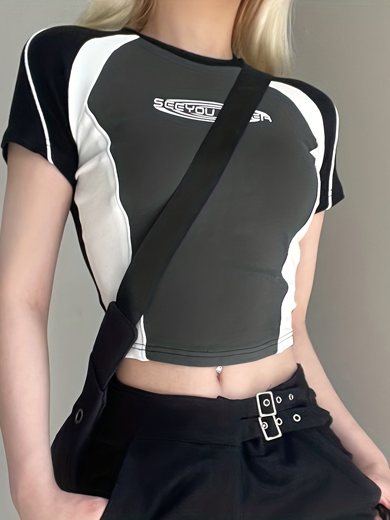 gbolsos  Color Contrast Stitching Letter Printing Sports T-shirts, Summer Fashion Y2k Crew Neck Short Sleeves, Women's Tops