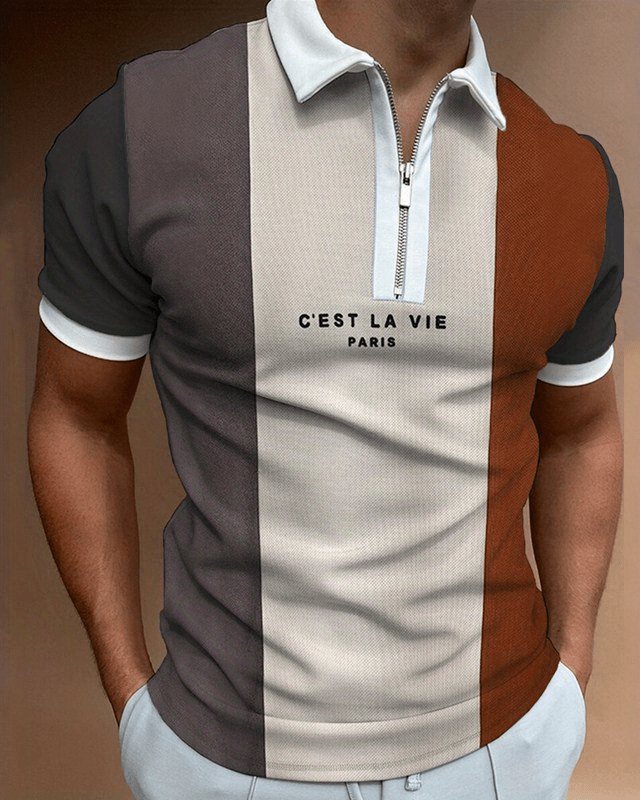 'C'EST LA VIE' Casual Short Sleeves Polo Shirts, Zipper V-neck Tee, Men's Comfortable Slim Tops Summer Clothing