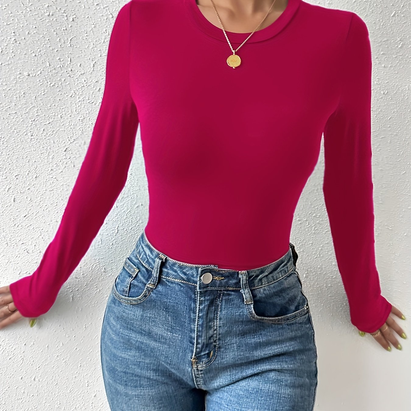 Basic Skinny Stretchy Top, Long Sleeve Crew Neck Solid T-Shirts, Casual Every Day Tops, Women's Clothing
