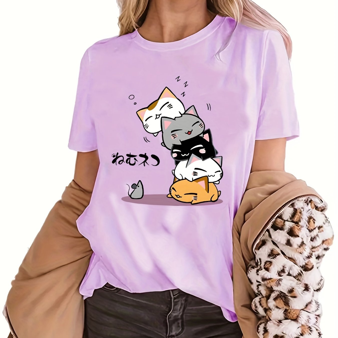 gbolsos  Cute Cartoon Cat Printed T-shirts, Short Sleeve Crew Neck Fashion Graphic Tee, Women's Summer Top