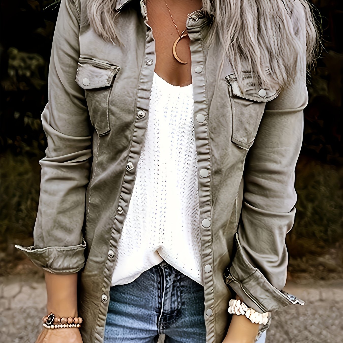 Solid Color Single-breasted Casual Denim Shirts Top, Lapel Long Sleeve Flap Pocket Denim Top, Women's Denim Jeans & Clothing