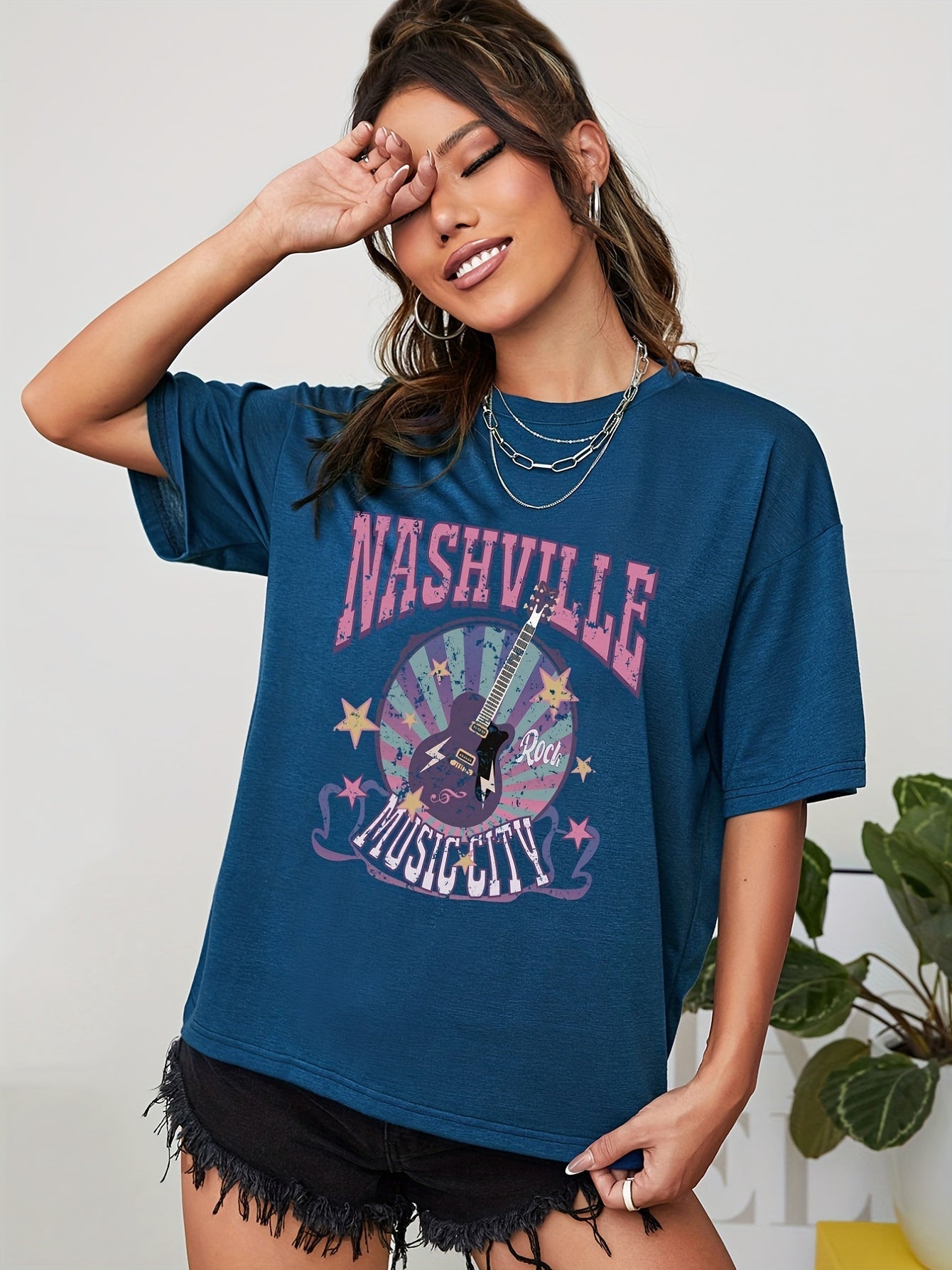 gbolsos  Letter Music City Guitar Graphic Tee For Women, Summer Versatile Crew Neck Casual Sports T-shirts, Women's Athleisure
