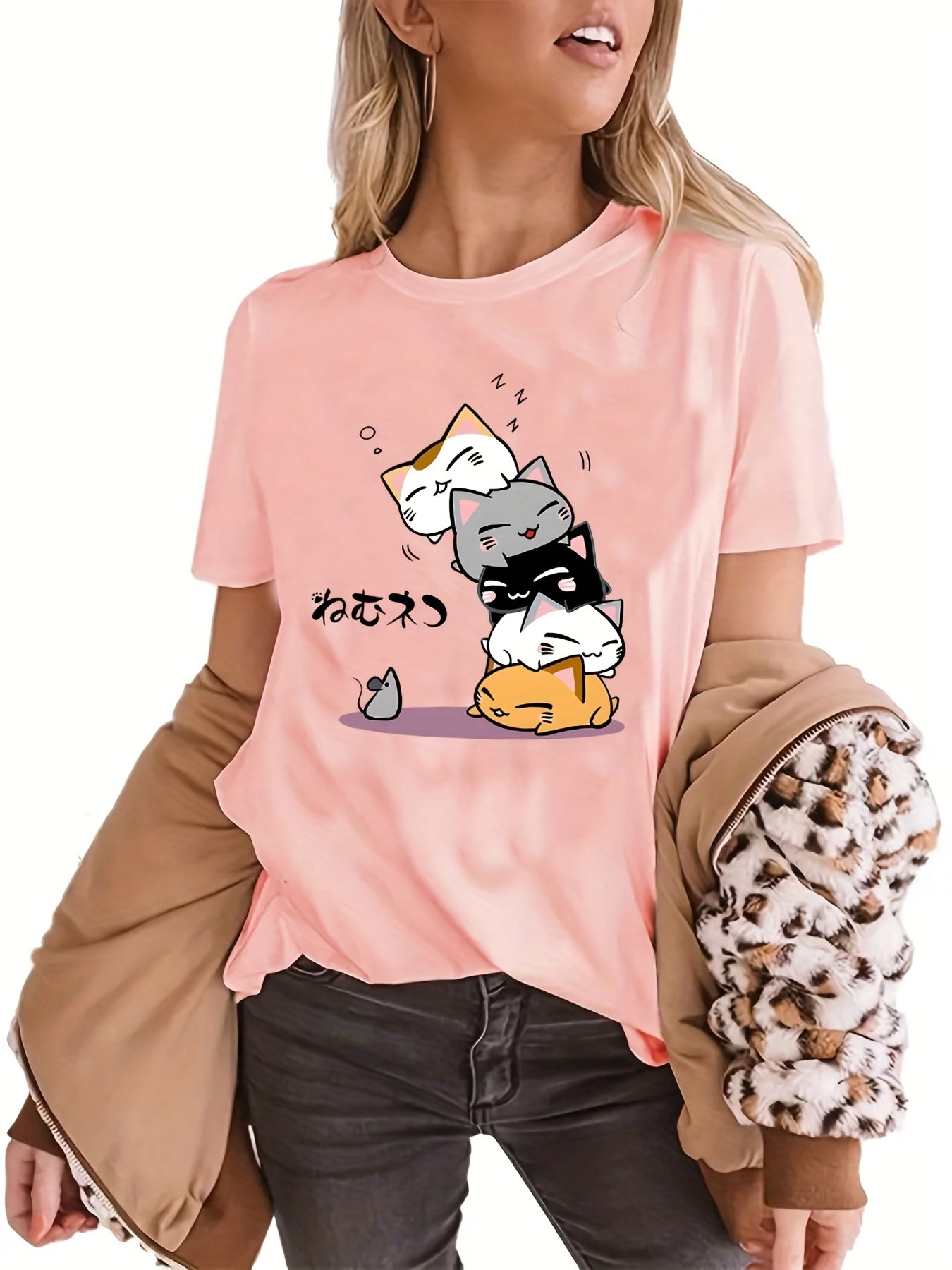 gbolsos  Cute Cartoon Cat Printed T-shirts, Short Sleeve Crew Neck Fashion Graphic Tee, Women's Summer Top