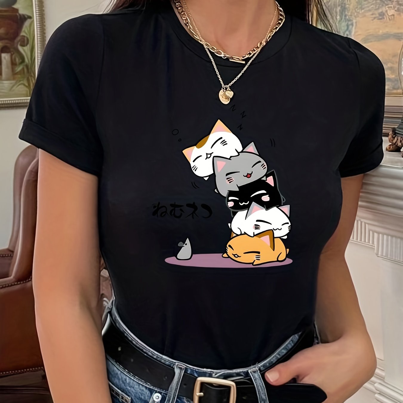 gbolsos  Cute Cartoon Cat Printed T-shirts, Short Sleeve Crew Neck Fashion Graphic Tee, Women's Summer Top
