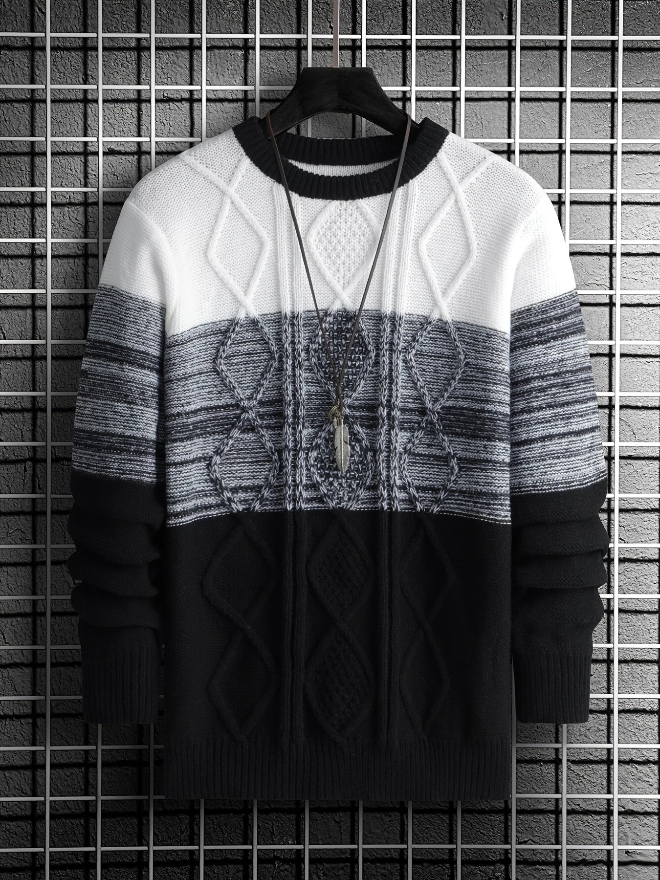Men's Gradient Crewneck Casual Check Knit Pullover Sweater