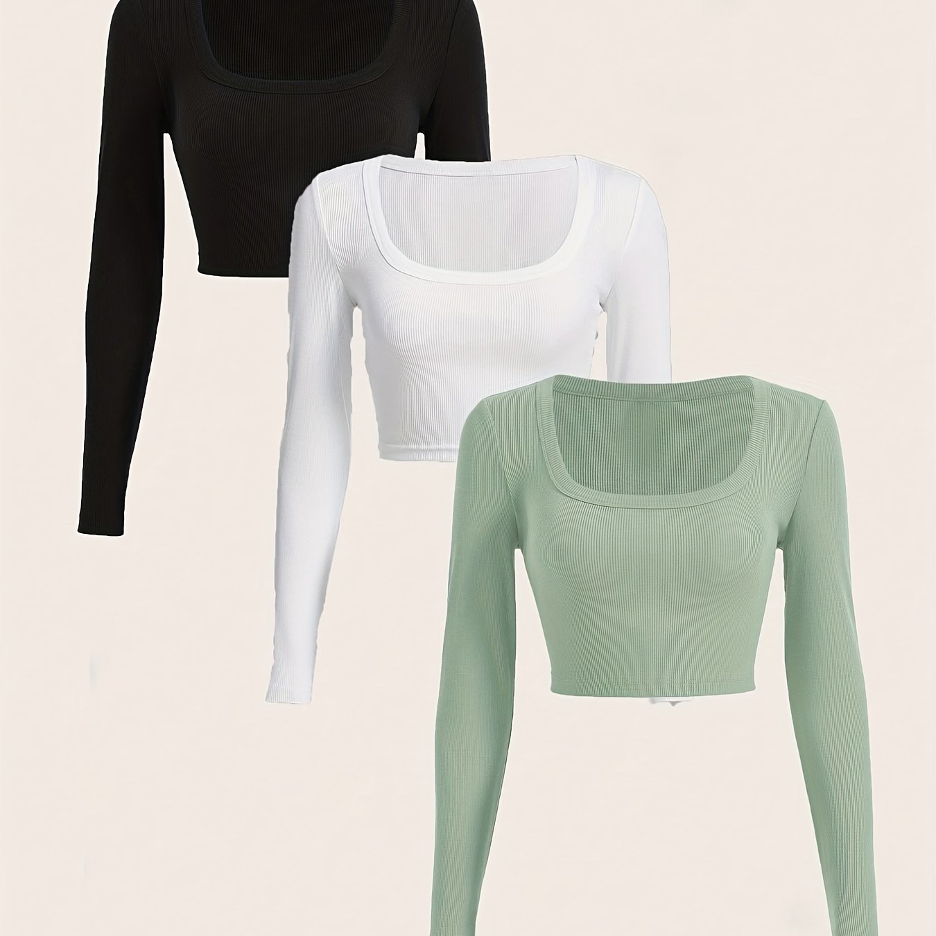 gbolsos  3 Packs Ribbed Square Neck Crop T-Shirts, Casual Long Sleeve Top For Spring & Fall, Women's Clothing