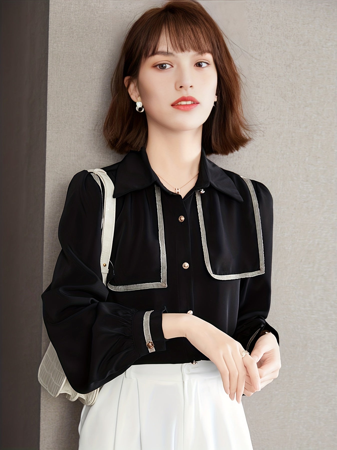 gbolsos  V-neck Loose Lapel Blouses, Casual Button Down Long Sleeve Shirts Tops, Women's Clothing