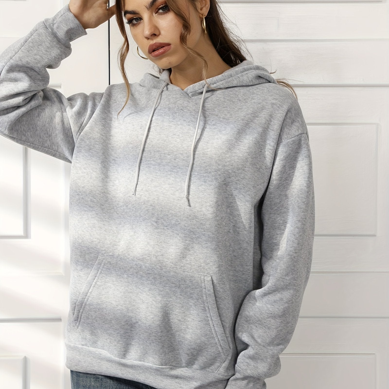 gbolsosSolid Color Casual Sports Hooded Sweatshirts, Front Pocket Drawstring Hoodie, Women's Sporty Sweatshirts