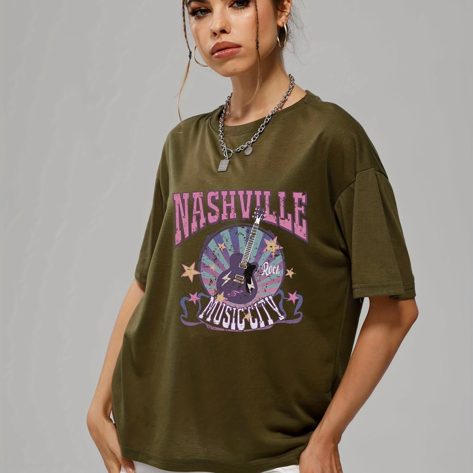 gbolsos  Letter Music City Guitar Graphic Tee For Women, Summer Versatile Crew Neck Casual Sports T-shirts, Women's Athleisure