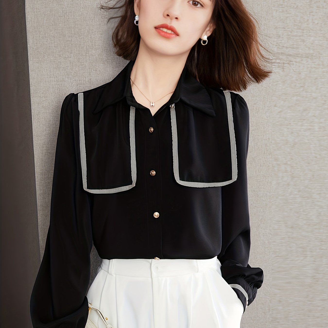 gbolsos  V-neck Loose Lapel Blouses, Casual Button Down Long Sleeve Shirts Tops, Women's Clothing