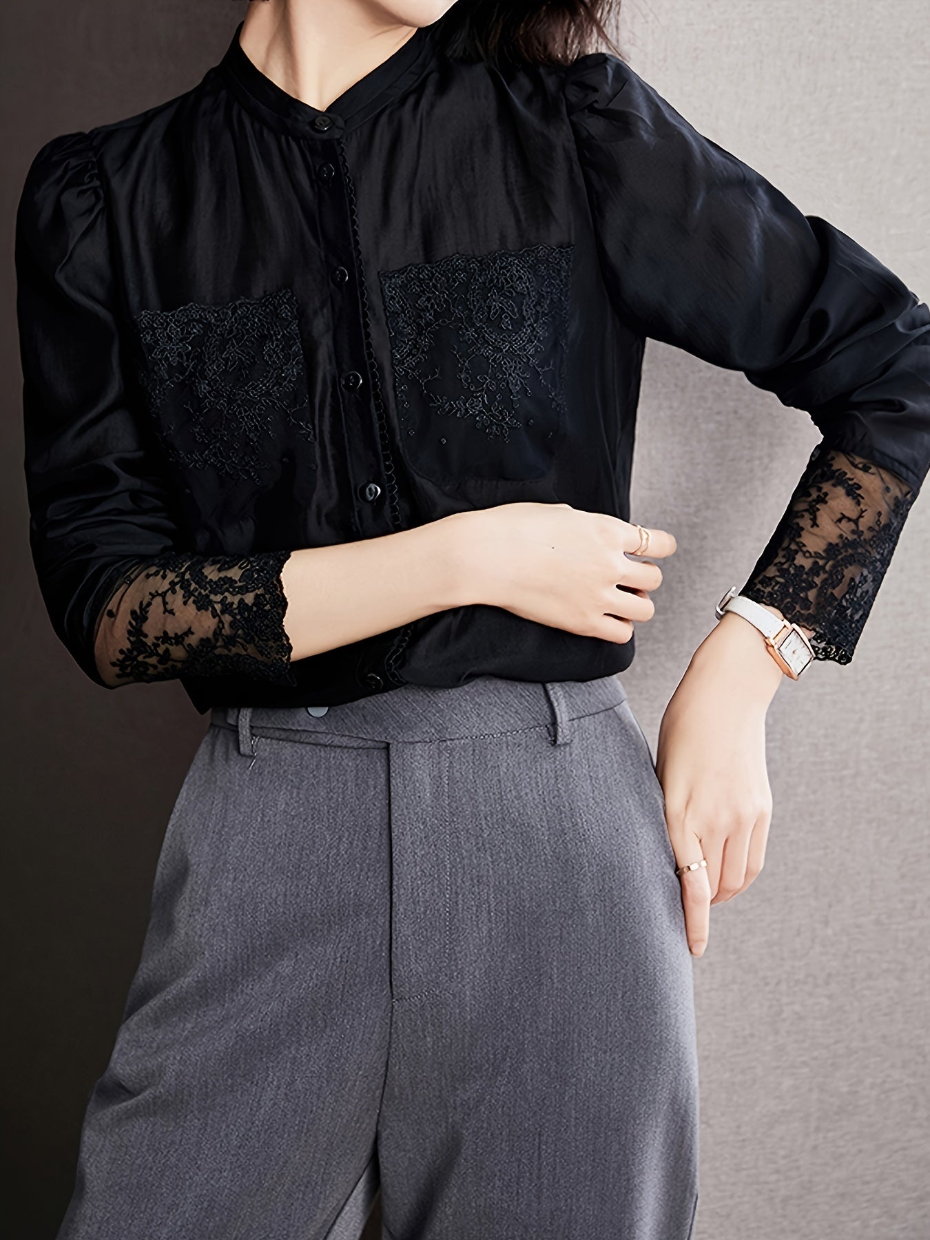 gbolsos  Lace V-neck Loose Blouses, Casual Solid Button Down Long Sleeve Fashion Shirts Tops, Women's Clothing