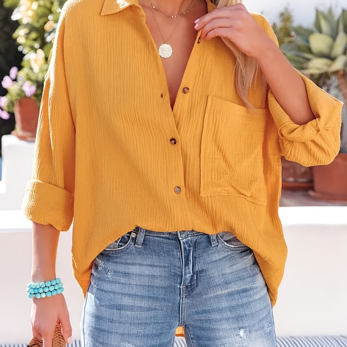 gbolsos  V-neck Loose Lapel Blouses, Casual Pocket Button Down Long Sleeve Fashion Shirts Tops, Women's Clothing