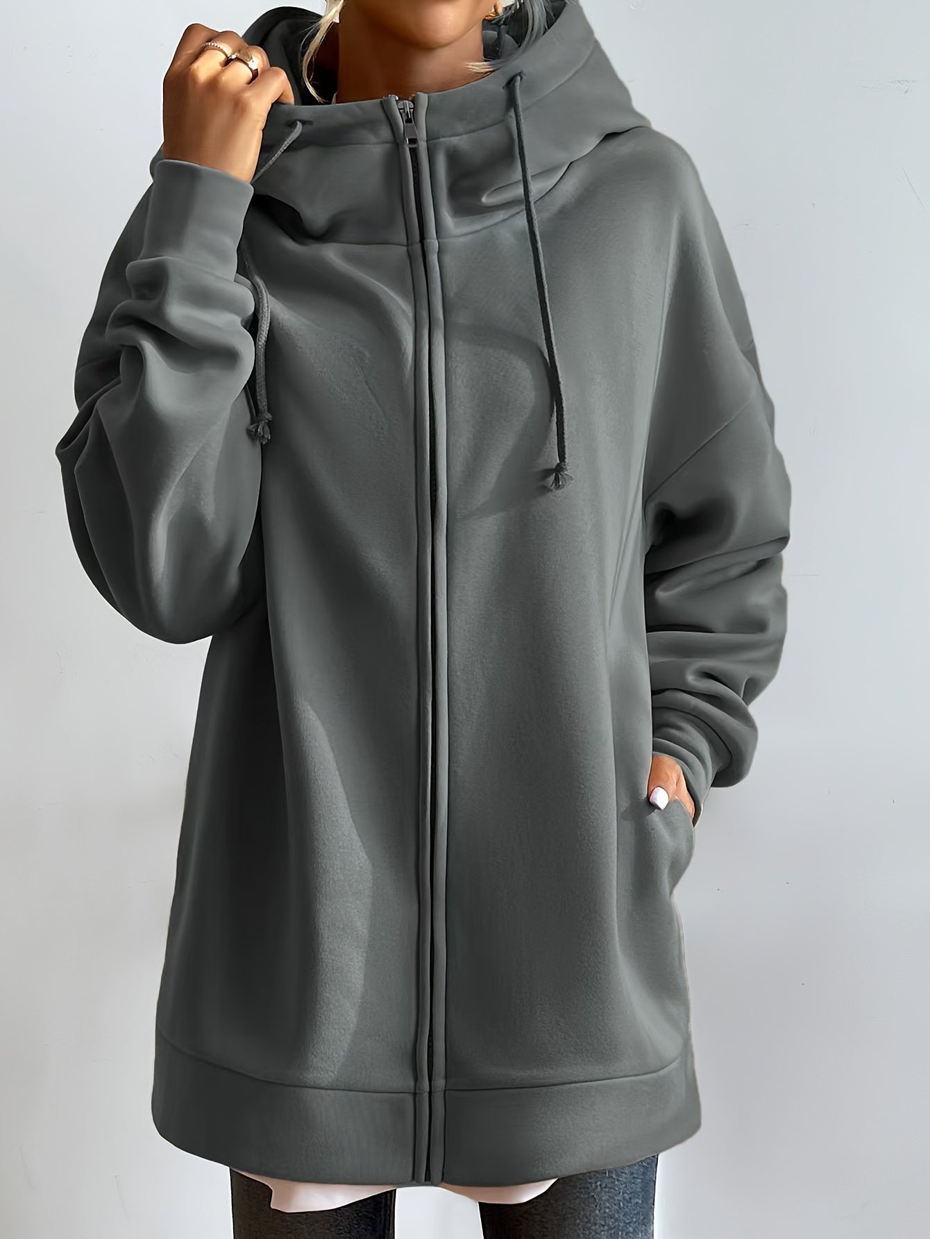 gbolsosSolid Color Casual Sports Hooded Zipper Sweatshirs, Long Sleeve Drawstring Hoodie, Women's Sporty Sweatshirts