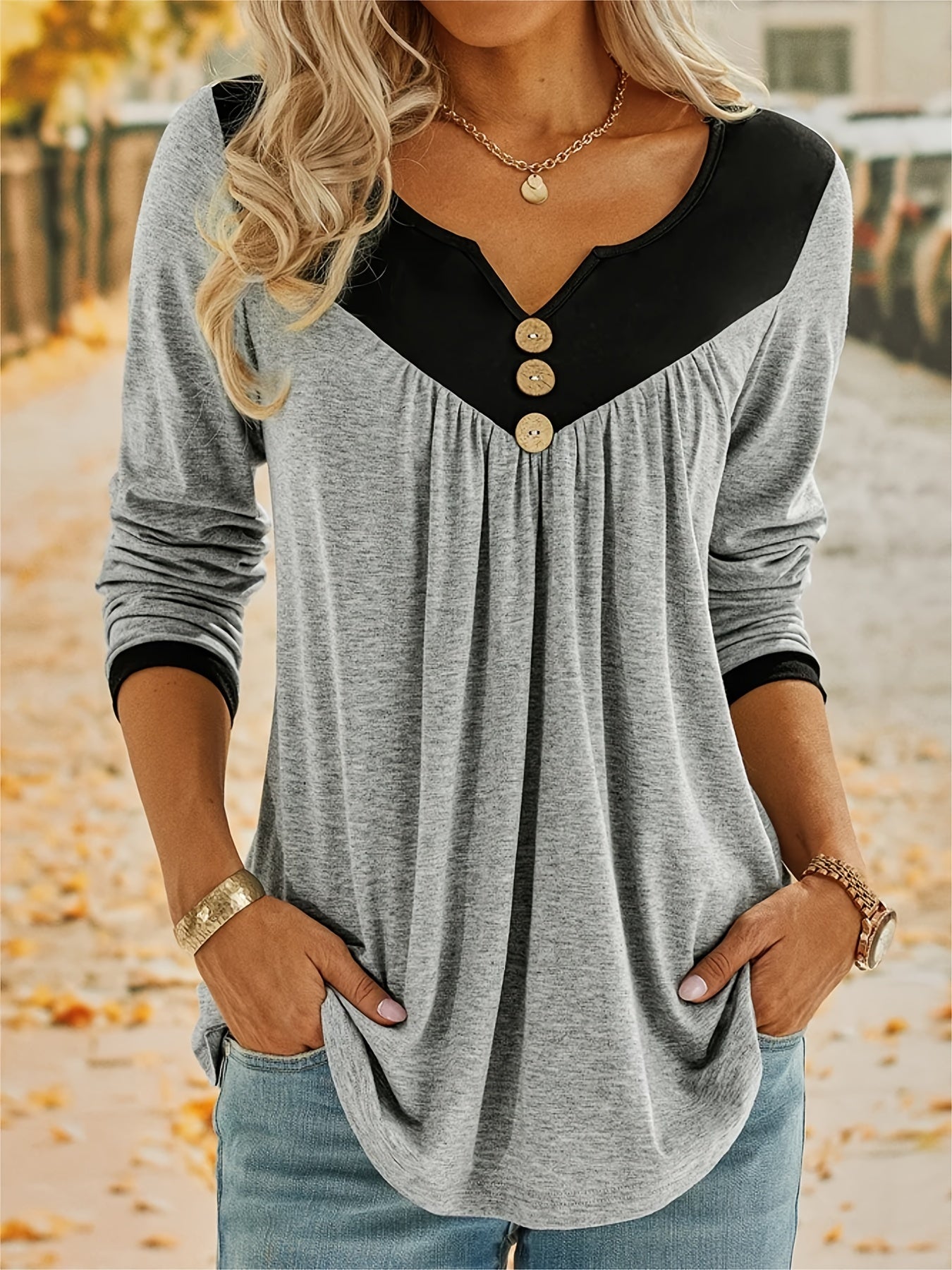 Women's Color Block V-Neck Long Sleeve Tops, Casual Daily Pullover T-Shirts, Women's Clothing