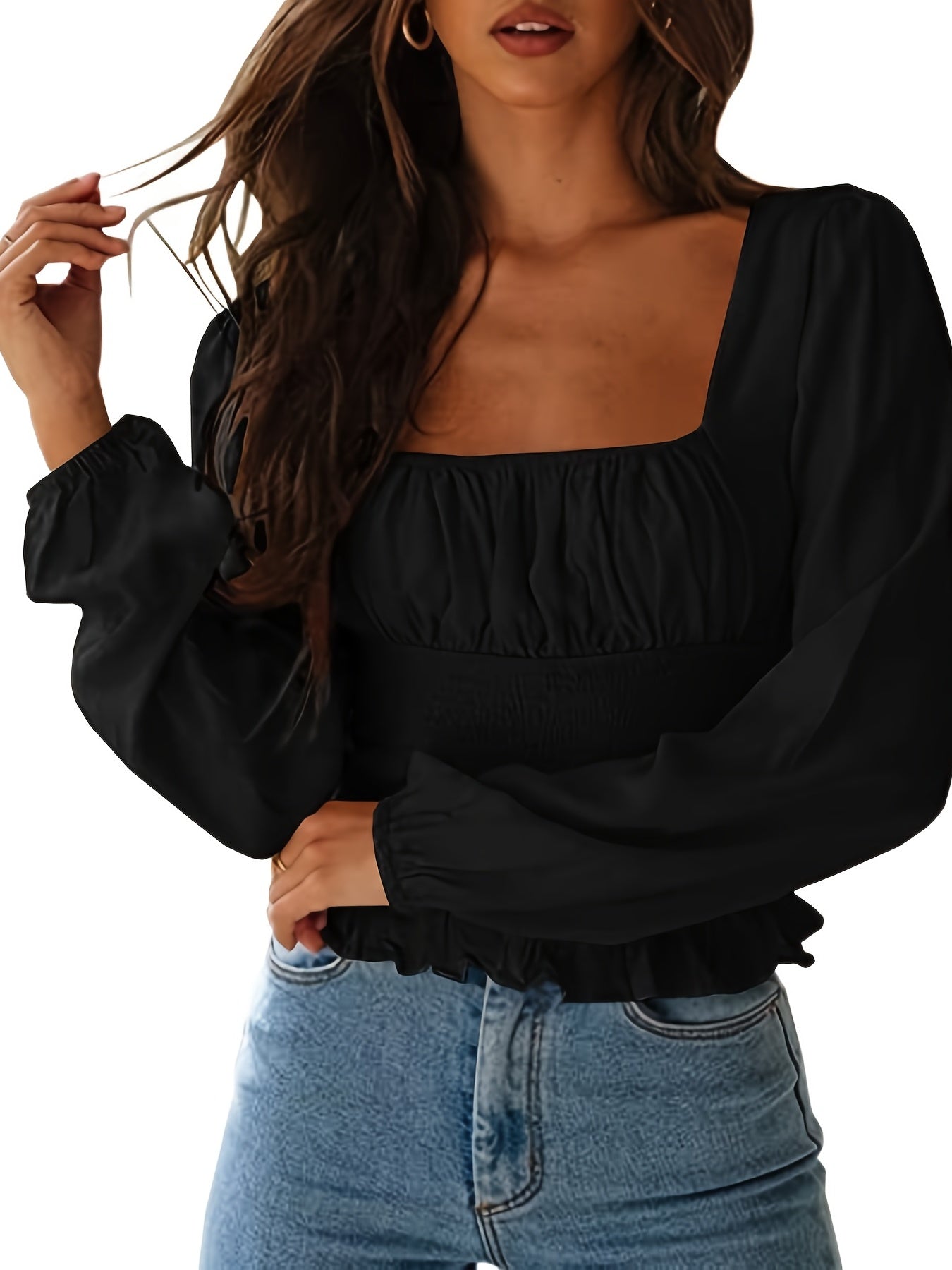 Square Neck Frill Smock Crop Blouses, Sexy Shirred Long Sleeve Fashion Shirts Crop Tops, Women's Clothing