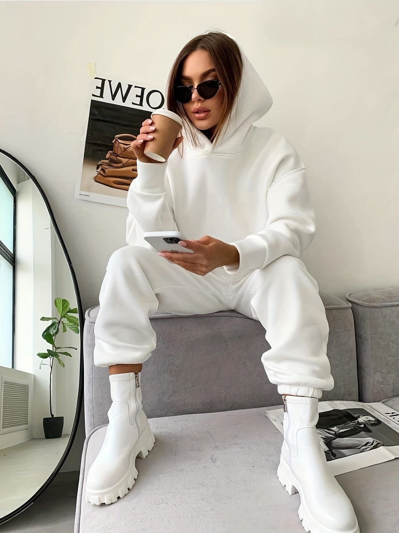 gbolsos  2pcs Solid Color Casual Suits, Long Sleeve Hooded Sweatshirts & High Waist Slant Pockets Jogger Pants Set, Women's Clothing