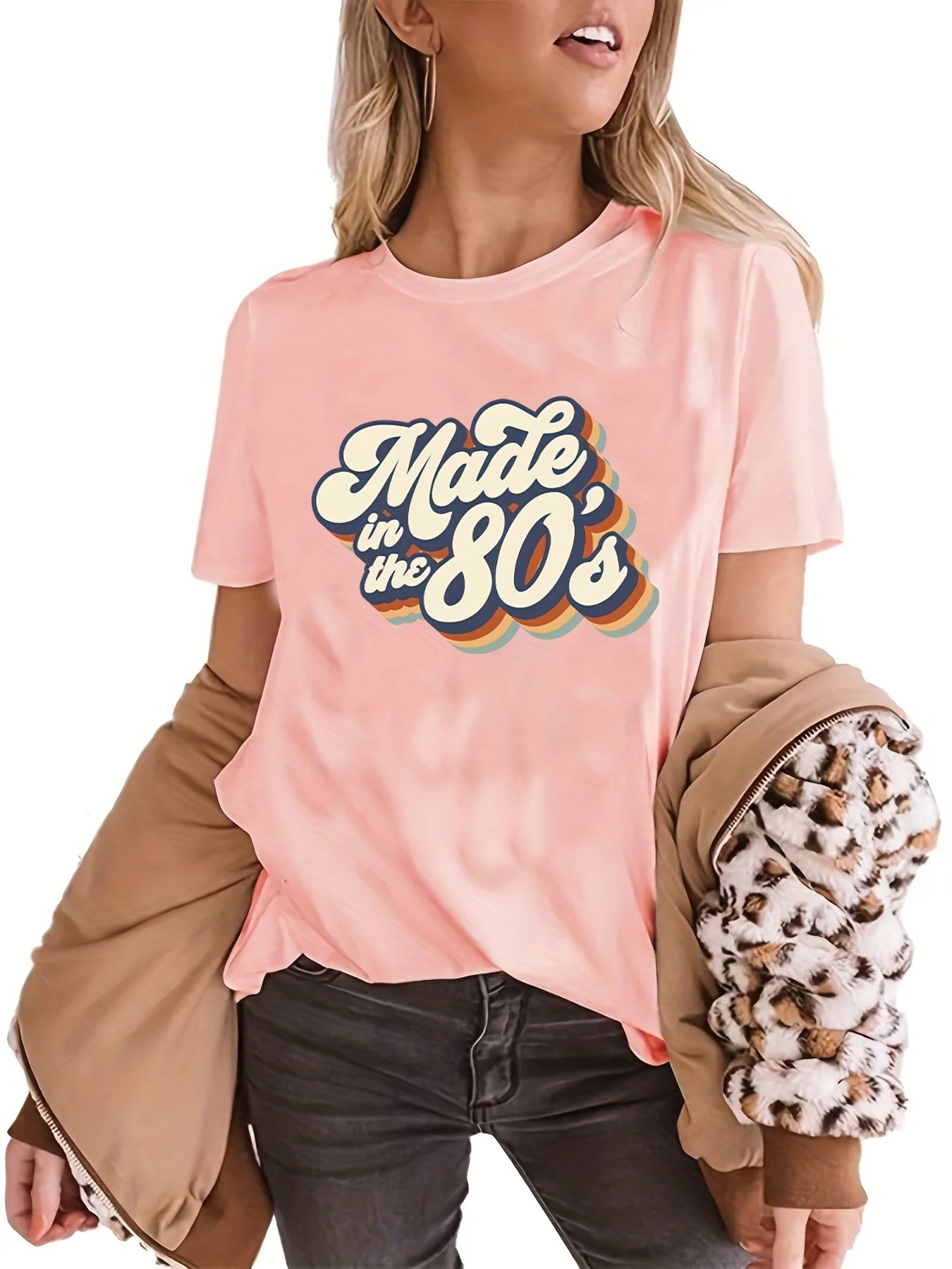 gbolsos  "Made In The 203.2cms" Letter Print T-shirts, Crew Neck Short Sleeve Summer Sports Top, Women's Clothing