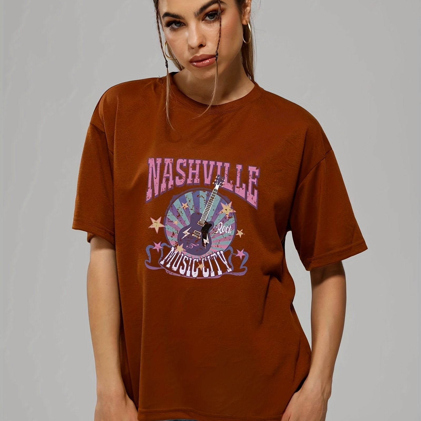 gbolsos  Letter Music City Guitar Graphic Tee For Women, Summer Versatile Crew Neck Casual Sports T-shirts, Women's Athleisure
