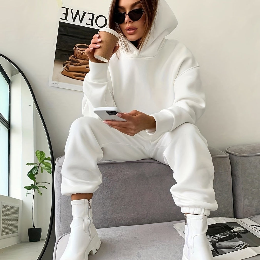 gbolsos  2pcs Solid Color Casual Suits, Long Sleeve Hooded Sweatshirts & High Waist Slant Pockets Jogger Pants Set, Women's Clothing