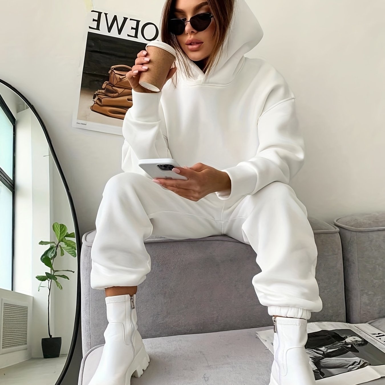 gbolsos  2pcs Solid Color Casual Suits, Long Sleeve Hooded Sweatshirts & High Waist Slant Pockets Jogger Pants Set, Women's Clothing
