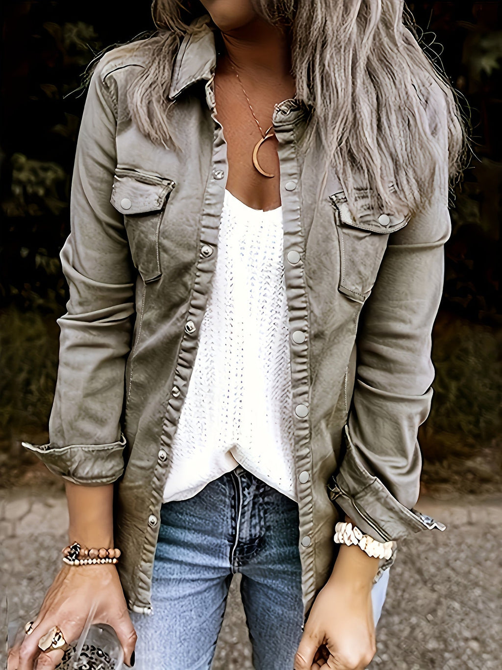 Solid Color Single-breasted Casual Denim Shirts Top, Lapel Long Sleeve Flap Pocket Denim Top, Women's Denim Jeans & Clothing