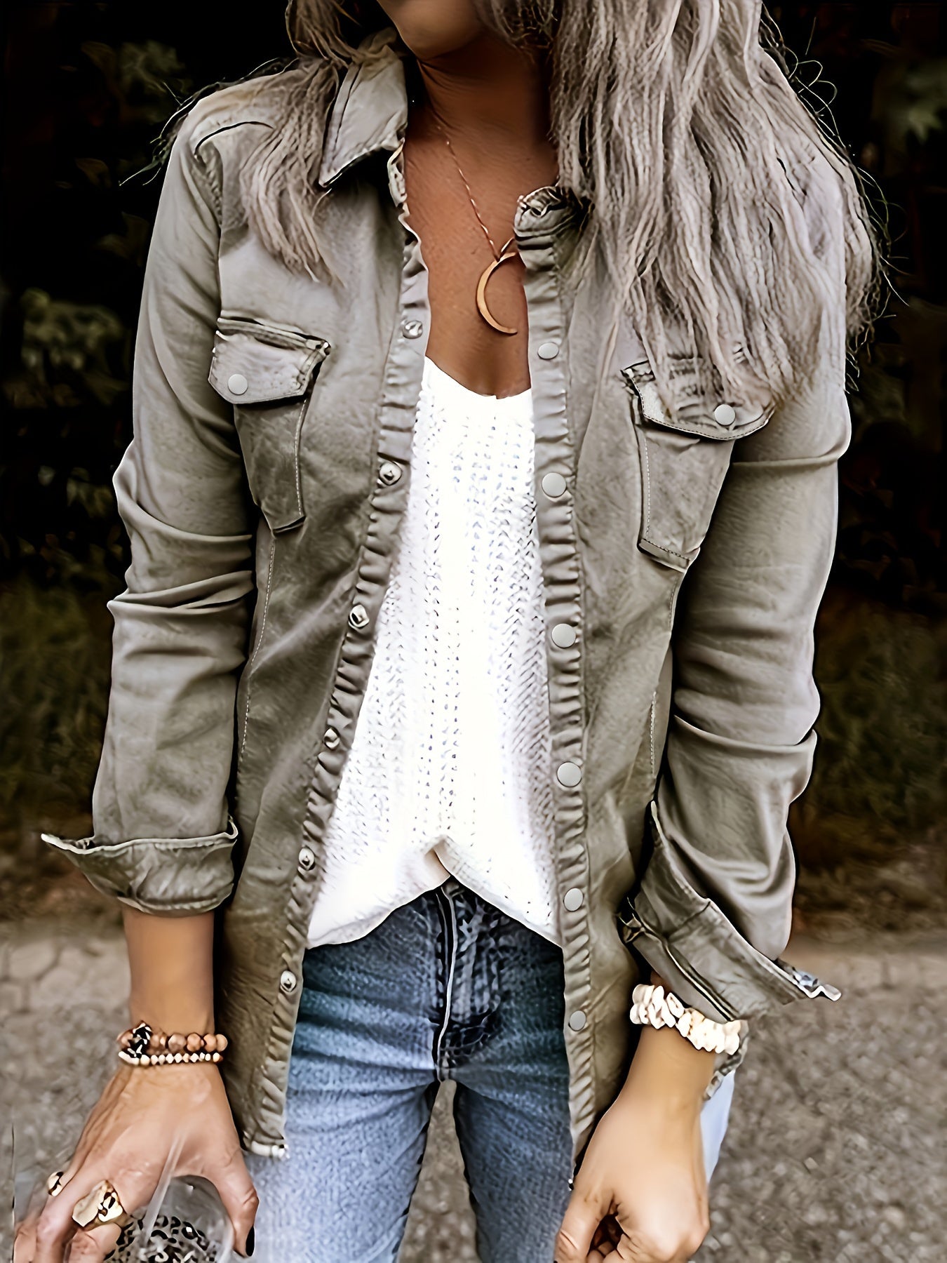 Solid Color Single-breasted Casual Denim Shirts Top, Lapel Long Sleeve Flap Pocket Denim Top, Women's Denim Jeans & Clothing