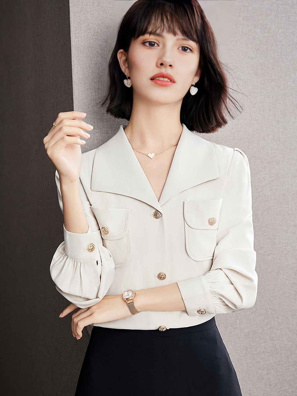 gbolsos  V-neck Loose Lapel Blouses, Casual Button Down Long Sleeve Shirts Tops, Women's Clothing