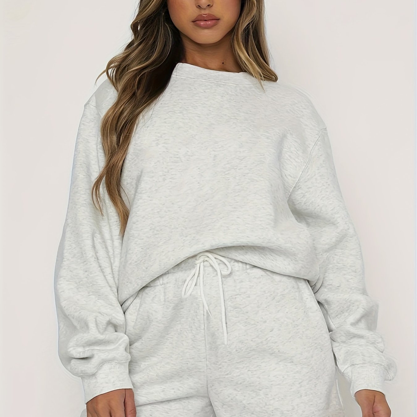 gbolsos  2 Pieces Solid Color Casual Sports Set, Crew Neck Long Sleeve Pullover Shirts & Drawstring Sweatpants, Women's Activewear