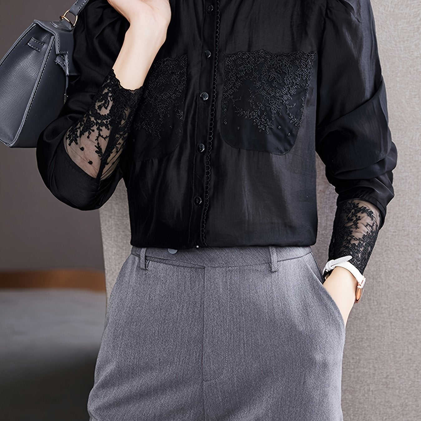 gbolsos  Lace V-neck Loose Blouses, Casual Solid Button Down Long Sleeve Fashion Shirts Tops, Women's Clothing