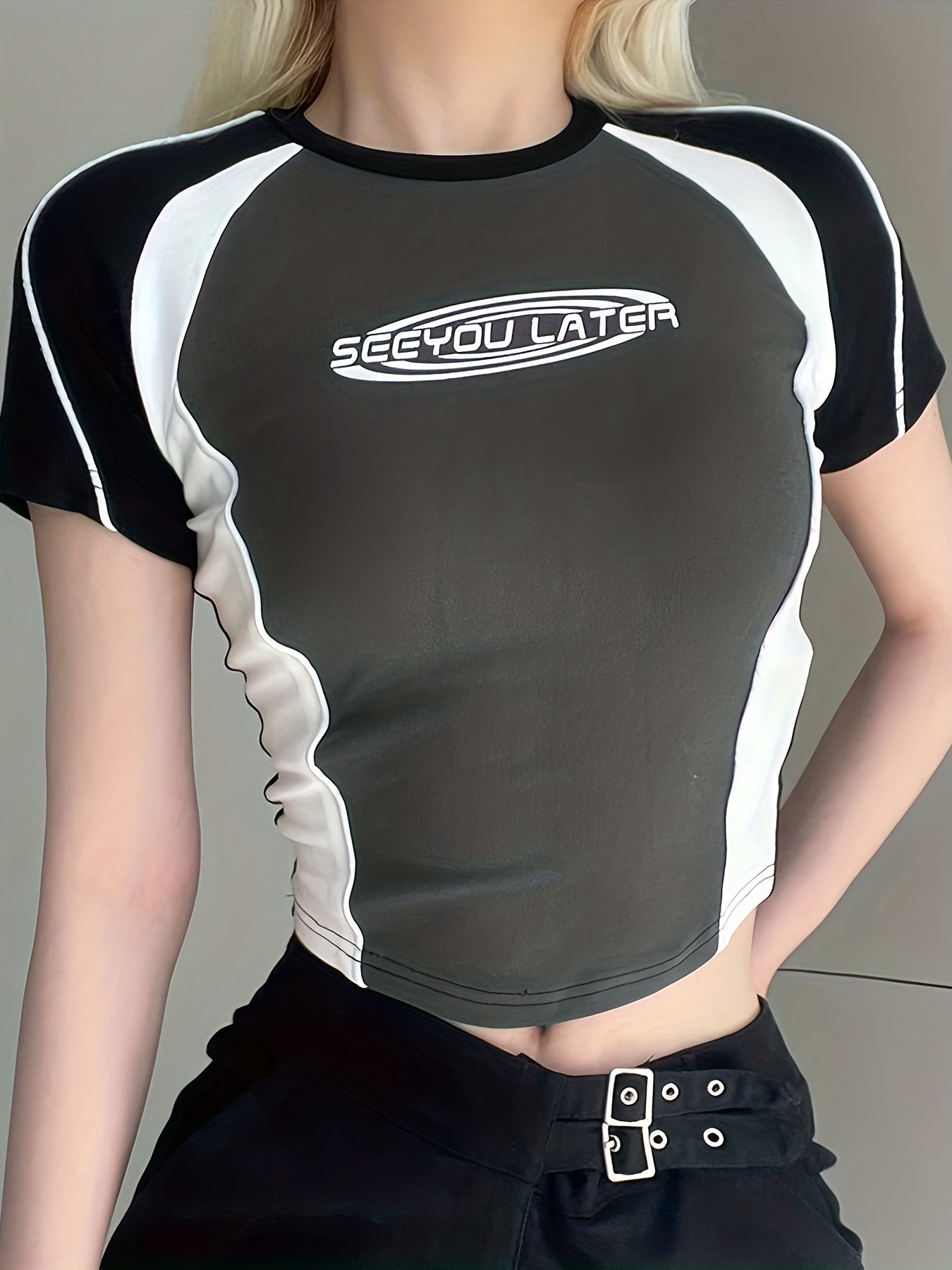 gbolsos  Color Contrast Stitching Letter Printing Sports T-shirts, Summer Fashion Y2k Crew Neck Short Sleeves, Women's Tops