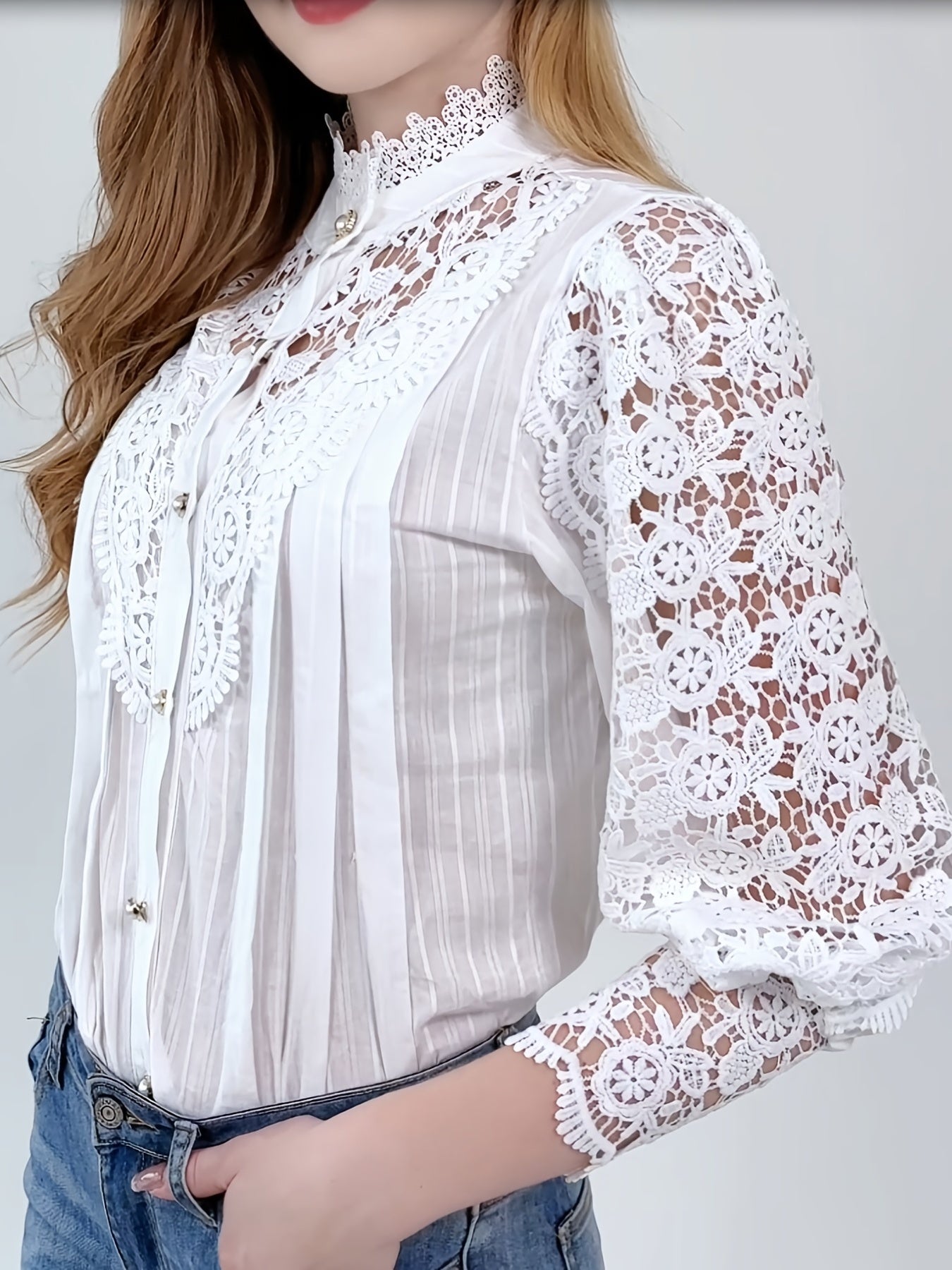 gbolsos  Women's Blouse White Lace Patchwork Shirt  Long Sleeve Hollow Out Vintage Slim Shirts Button Top Blouse