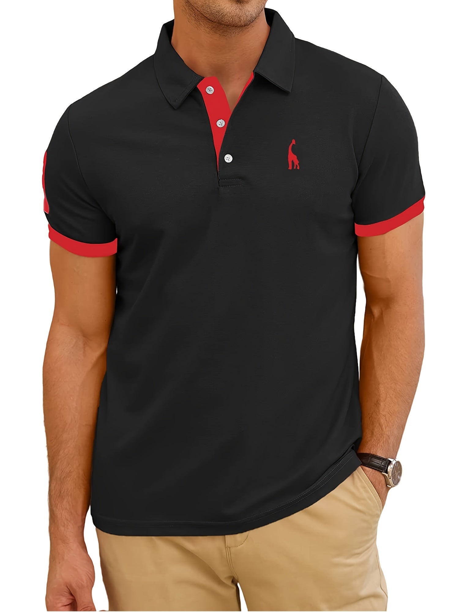 Men's Casual Slim Fit Embroidered Striped Polo Shirt