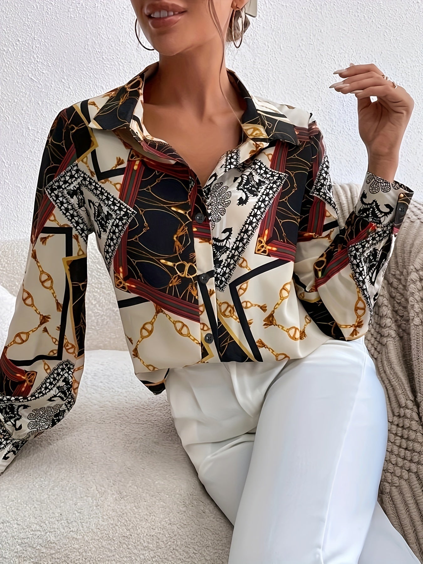 gbolsos  Chain Print V-neck Loose Lapel Blouses, Casual Button Down Long Sleeve Fashion Shirts Tops, Women's Clothing