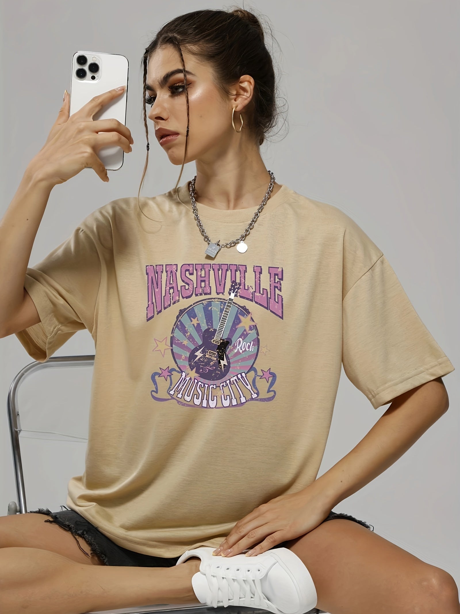 gbolsos  Letter Music City Guitar Graphic Tee For Women, Summer Versatile Crew Neck Casual Sports T-shirts, Women's Athleisure