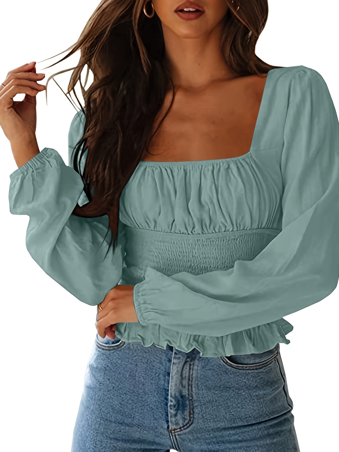 Square Neck Frill Smock Crop Blouses, Sexy Shirred Long Sleeve Fashion Shirts Crop Tops, Women's Clothing