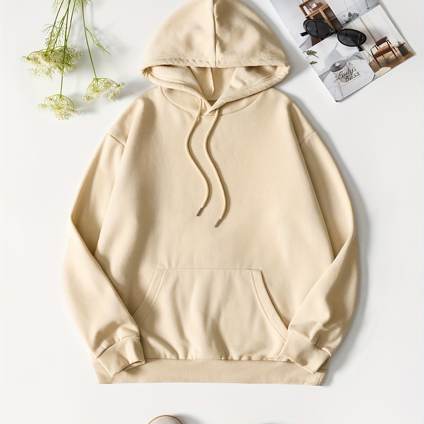gbolsosSolid Color Casual Sports Hooded Sweatshirts, Front Pocket Drawstring Hoodie, Women's Sporty Sweatshirts