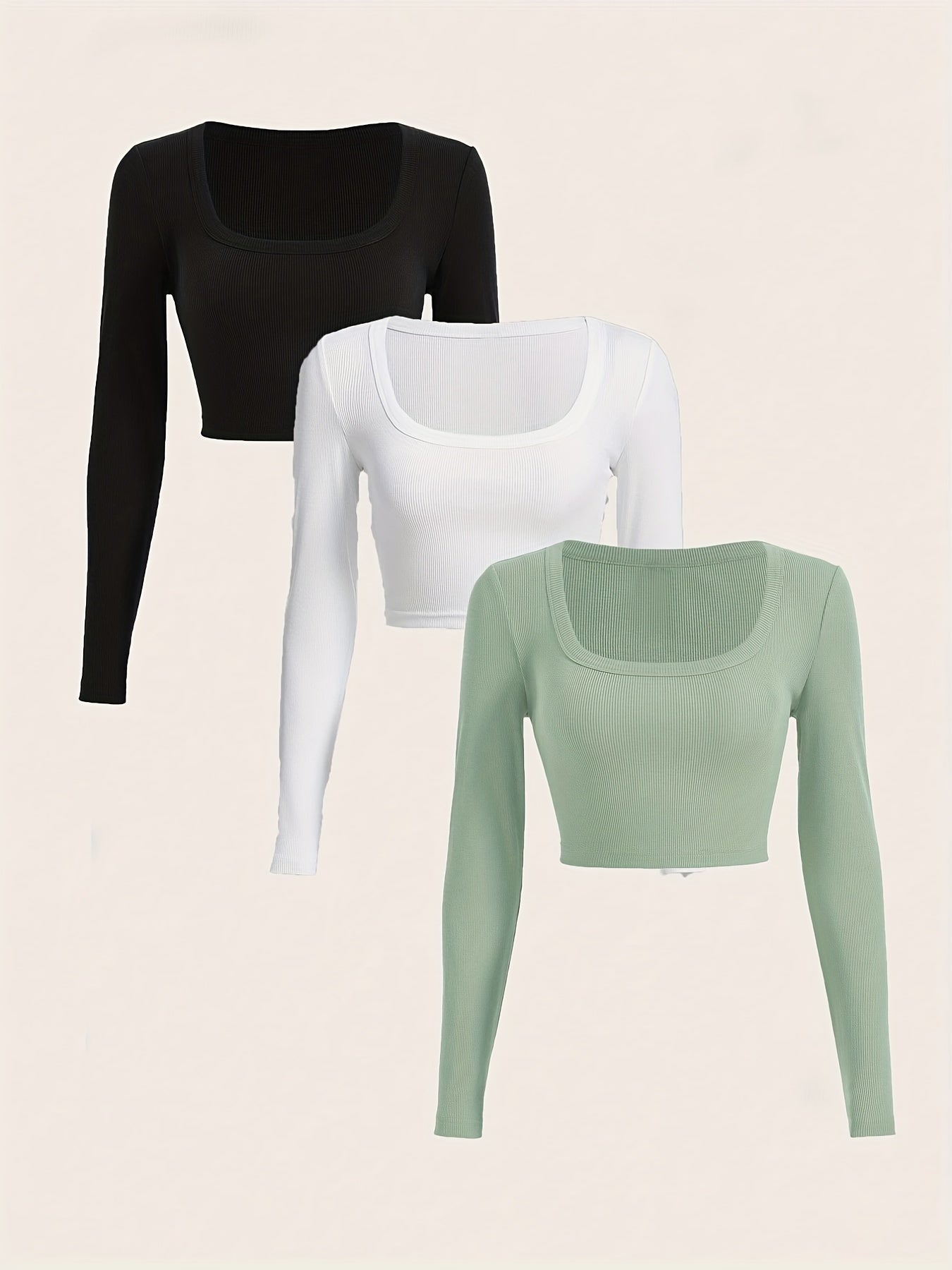 gbolsos  3 Packs Ribbed Square Neck Crop T-Shirts, Casual Long Sleeve Top For Spring & Fall, Women's Clothing