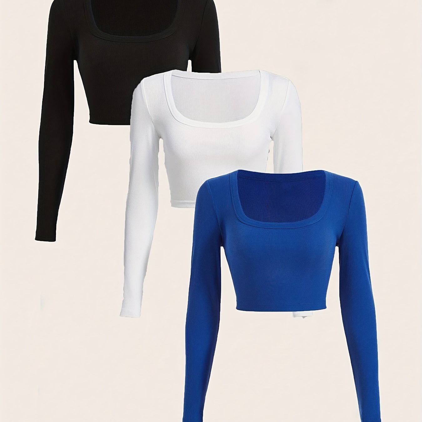 gbolsos  3 Packs Ribbed Square Neck Crop T-Shirts, Casual Long Sleeve Top For Spring & Fall, Women's Clothing