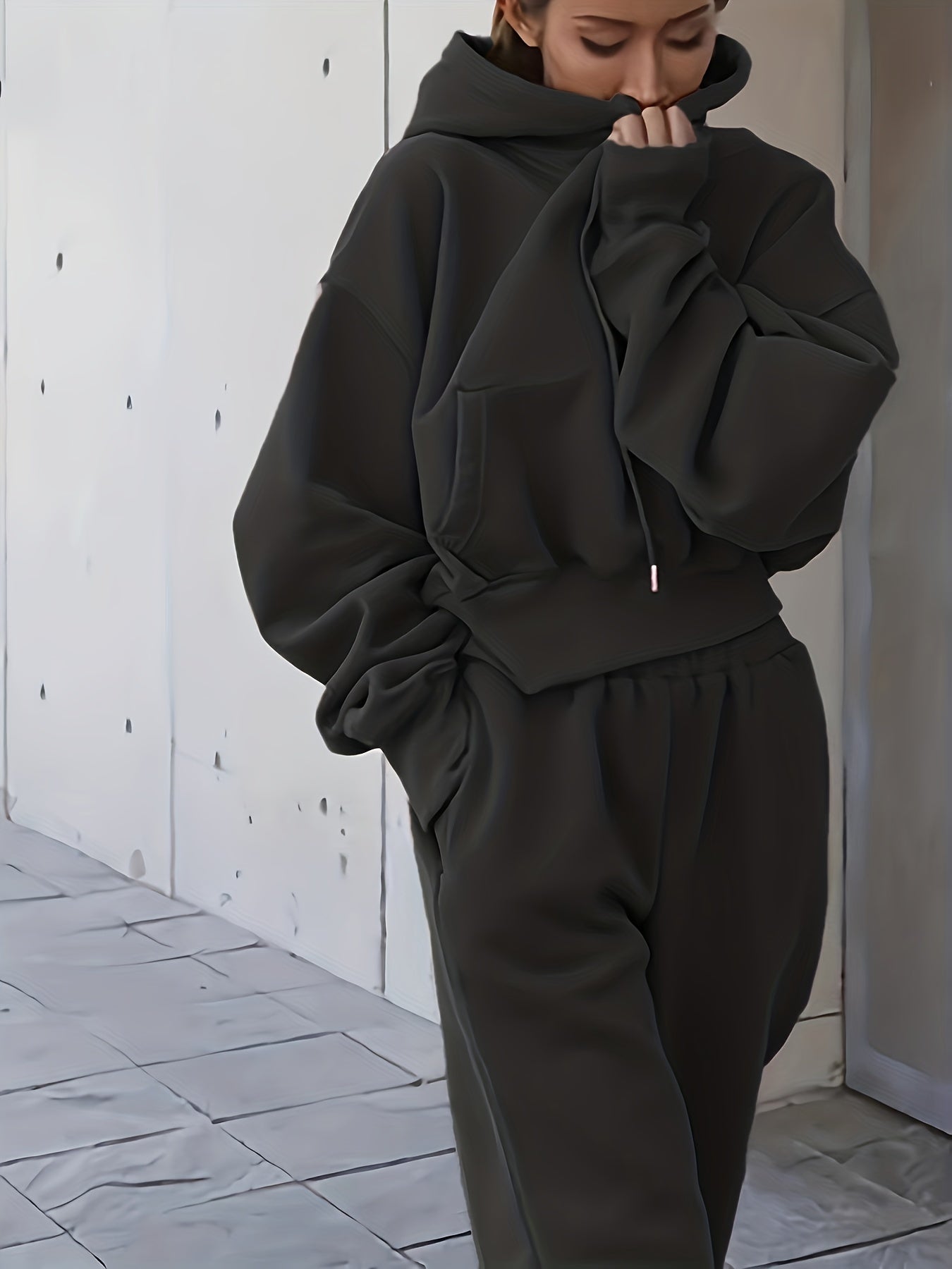 gbolsos  2pcs Athleisure Set, Oversized Solid Hooded Pocket Drawstring Sweatshirts & Sweatpants Sets, Women's Clothing