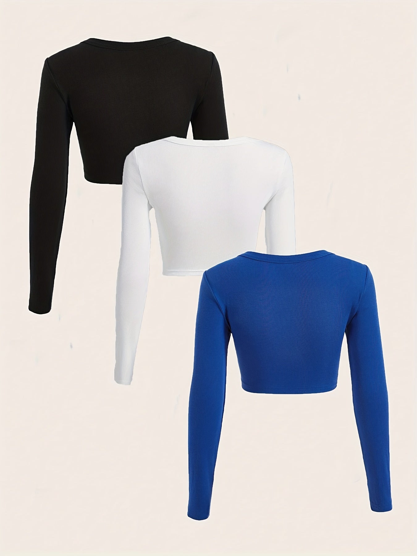 gbolsos  3 Packs Ribbed Square Neck Crop T-Shirts, Casual Long Sleeve Top For Spring & Fall, Women's Clothing