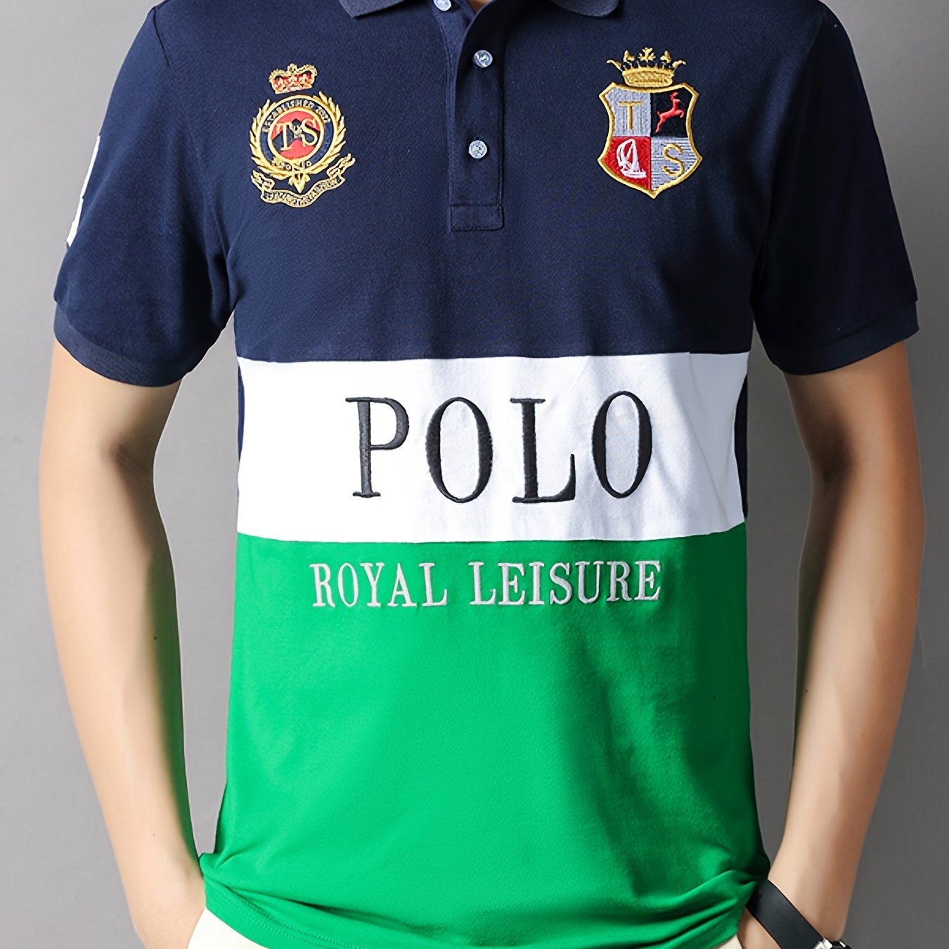 Men's Slit Contrast Slim Cotton Embroidered Polo Shirt