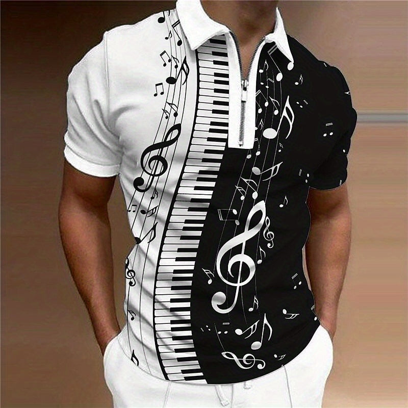 Piano Keys Music Casual Short Sleeves Polo Shirts, Zipper V-neck Tee, Men's Comfortable Slim Tops Summer Clothing