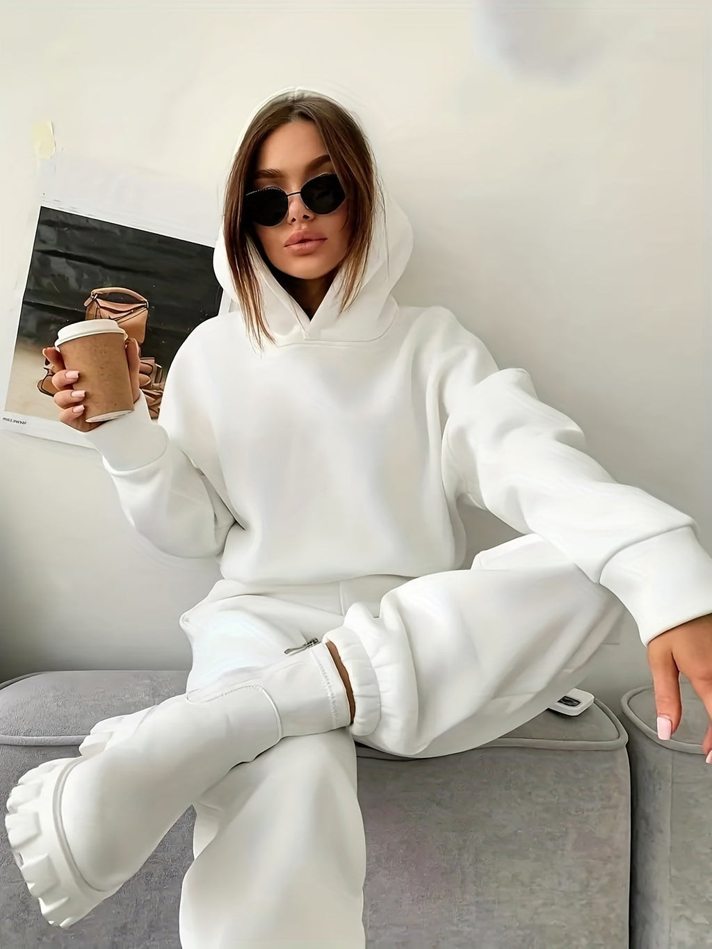 gbolsos  2pcs Solid Color Casual Suits, Long Sleeve Hooded Sweatshirts & High Waist Slant Pockets Jogger Pants Set, Women's Clothing