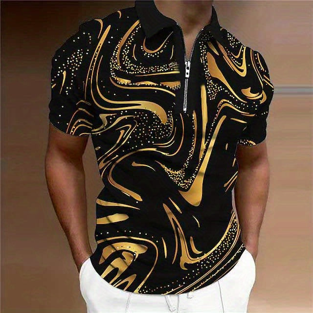 Gradient Lapel 3D Print Casual Slightly Stretch Zipper Short Sleeve Polo Shirt, Men's Polo For Summer