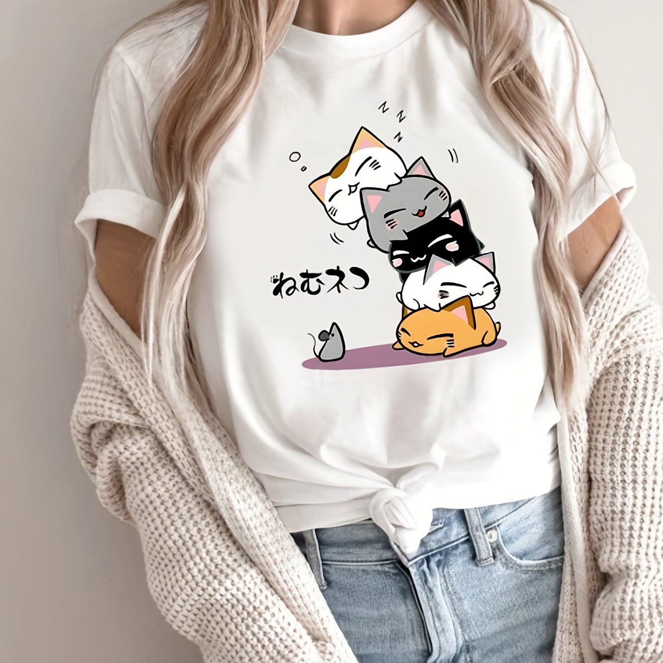 gbolsos  Cute Cartoon Cat Printed T-shirts, Short Sleeve Crew Neck Fashion Graphic Tee, Women's Summer Top
