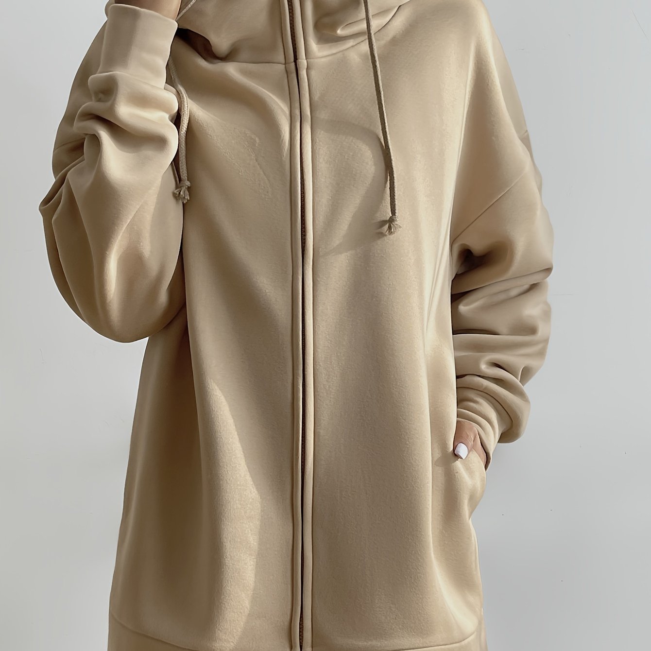 gbolsosSolid Color Casual Sports Hooded Zipper Sweatshirs, Long Sleeve Drawstring Hoodie, Women's Sporty Sweatshirts