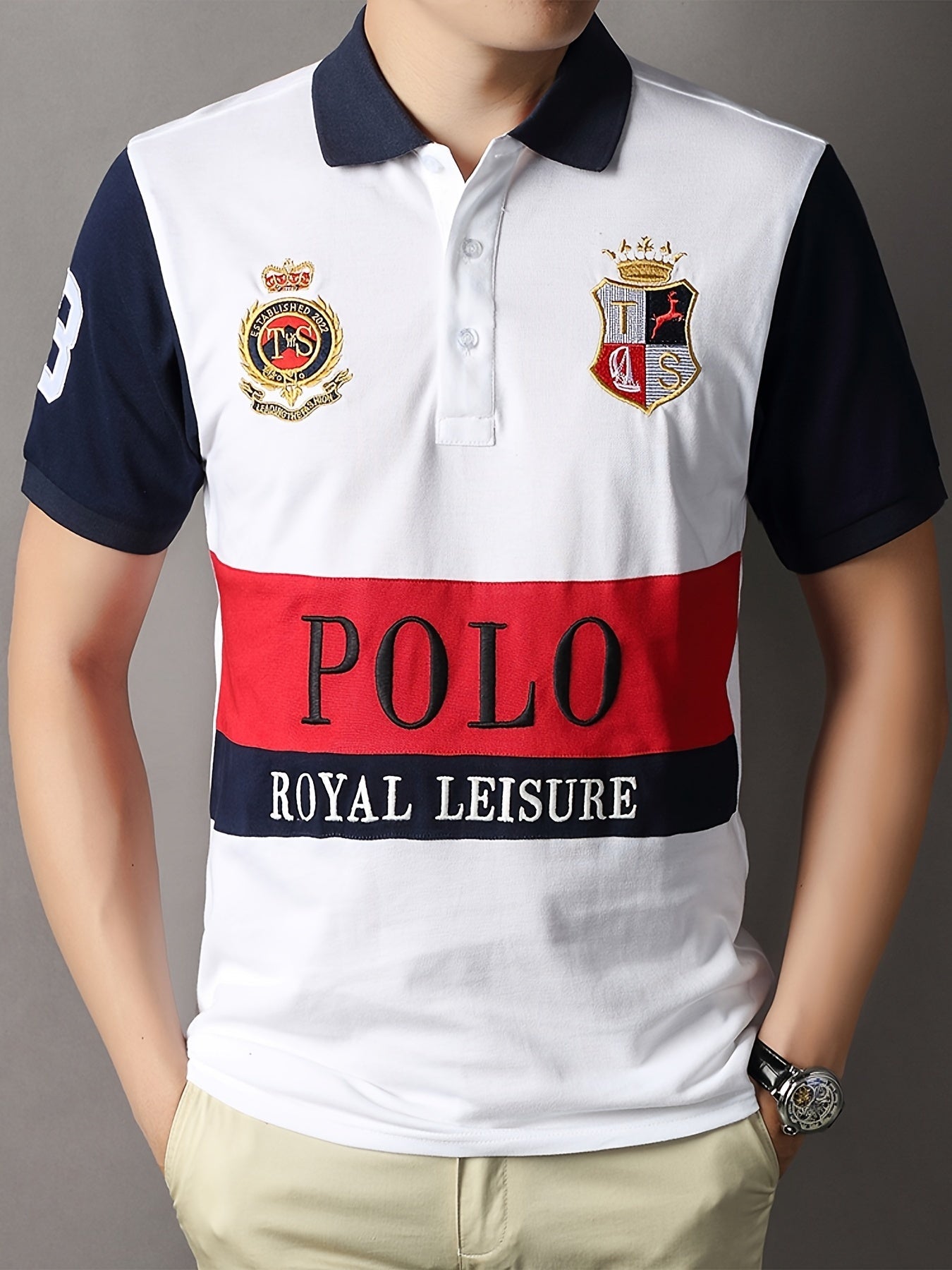 Men's Slit Contrast Slim Cotton Embroidered Polo Shirt