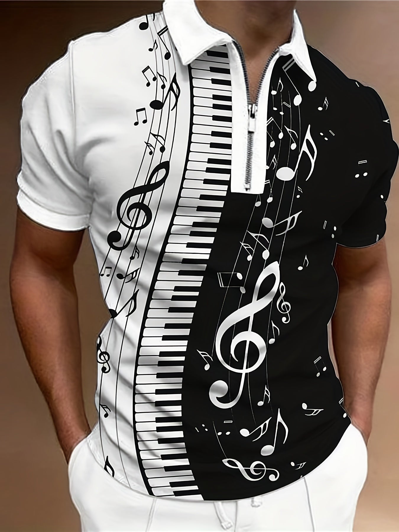 Piano Keys Music Casual Short Sleeves Polo Shirts, Zipper V-neck Tee, Men's Comfortable Slim Tops Summer Clothing