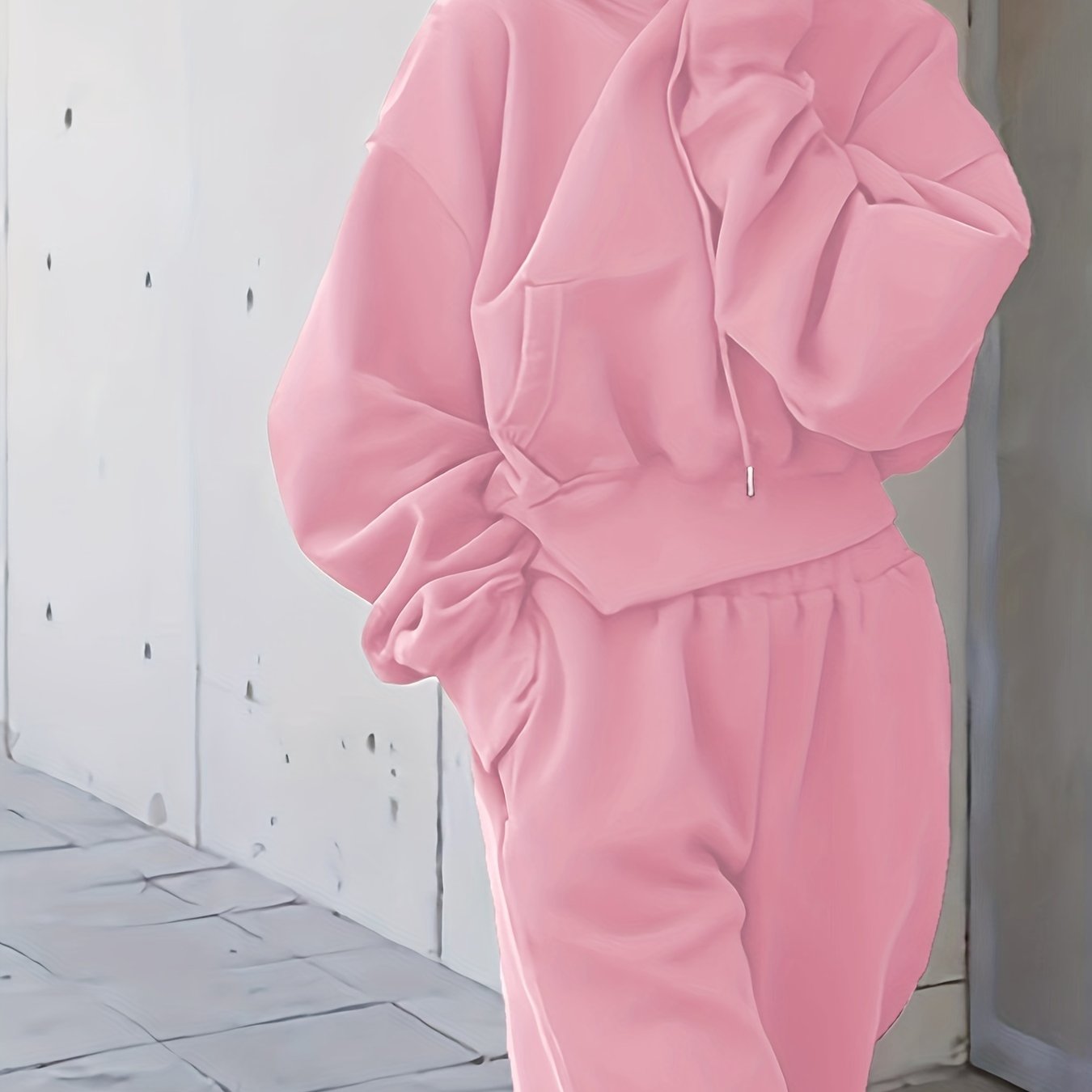 gbolsos  2pcs Athleisure Set, Oversized Solid Hooded Pocket Drawstring Sweatshirts & Sweatpants Sets, Women's Clothing