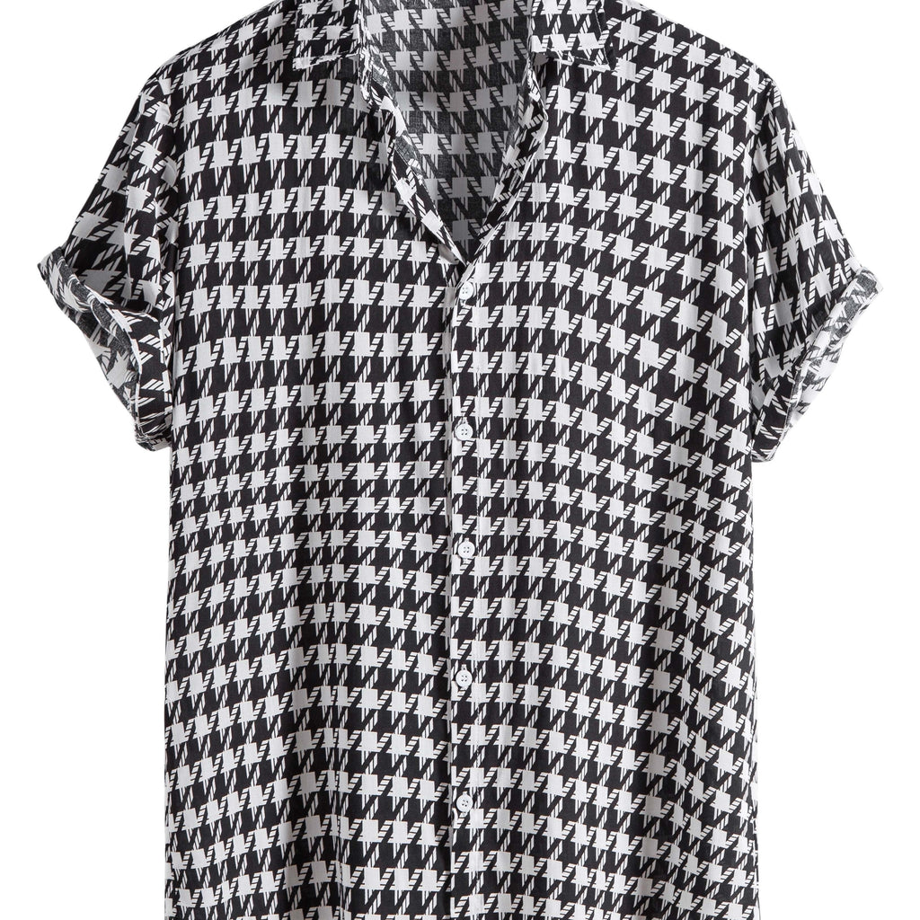 gbolsos   Houndstooth Print -  Button Up Short Sleeve Shirts Summer Casual